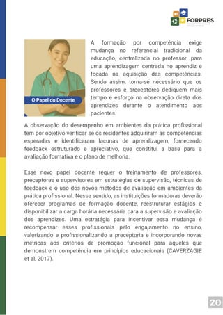 20
A observação do desempenho em ambientes da prática profissional
tem por objetivo verificar se os residentes adquiriram as competências
esperadas e identificaram lacunas de aprendizagem, fornecendo
feedback estruturado e apreciativo, que constitui a base para a
avaliação formativa e o plano de melhoria.
Esse novo papel docente requer o treinamento de professores,
preceptores e supervisores em estratégias de supervisão, técnicas de
feedback e o uso dos novos métodos de avaliação em ambientes da
prática profissional. Nesse sentido, as instituições formadoras deverão
oferecer programas de formação docente, reestruturar estágios e
disponibilizar a carga horária necessária para a supervisão e avaliação
dos aprendizes. Uma estratégia para incentivar essa mudança é
recompensar esses profissionais pelo engajamento no ensino,
valorizando e profissionalizando a preceptoria e incorporando novas
métricas aos critérios de promoção funcional para aqueles que
demonstrem competência em princípios educacionais (CAVERZAGIE
et al, 2017).
A formação por competência exige
mudança no referencial tradicional da
educação, centralizada no professor, para
uma aprendizagem centrada no aprendiz e
focada na aquisição das competências.
Sendo assim, torna-se necessário que os
professores e preceptores dediquem mais
tempo e esforço na observação direta dos
aprendizes durante o atendimento aos
pacientes.
O Papel do Docente
 