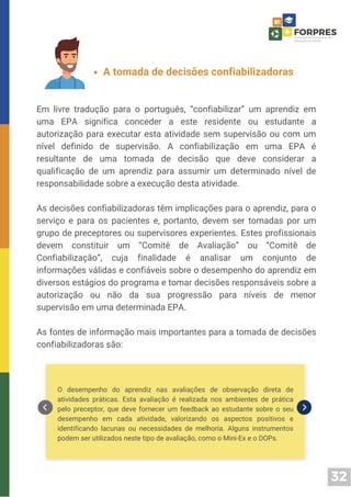 32
Em livre tradução para o português, “confiabilizar” um aprendiz em
uma EPA significa conceder a este residente ou estudante a
autorização para executar esta atividade sem supervisão ou com um
nível definido de supervisão. A confiabilização em uma EPA é
resultante de uma tomada de decisão que deve considerar a
qualificação de um aprendiz para assumir um determinado nível de
responsabilidade sobre a execução desta atividade.
As decisões confiabilizadoras têm implicações para o aprendiz, para o
serviço e para os pacientes e, portanto, devem ser tomadas por um
grupo de preceptores ou supervisores experientes. Estes profissionais
devem constituir um “Comitê de Avaliação” ou “Comitê de
Confiabilização”, cuja finalidade é analisar um conjunto de
informações válidas e confiáveis sobre o desempenho do aprendiz em
diversos estágios do programa e tomar decisões responsáveis sobre a
autorização ou não da sua progressão para níveis de menor
supervisão em uma determinada EPA.
As fontes de informação mais importantes para a tomada de decisões
confiabilizadoras são:
A tomada de decisões confiabilizadoras
O desempenho do aprendiz nas avaliações de observação direta de
atividades práticas. Esta avaliação é realizada nos ambientes de prática
pelo preceptor, que deve fornecer um feedback ao estudante sobre o seu
desempenho em cada atividade, valorizando os aspectos positivos e
identificando lacunas ou necessidades de melhoria. Alguns instrumentos
podem ser utilizados neste tipo de avaliação, como o Mini-Ex e o DOPs.
 