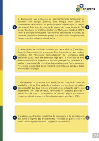 33
O desempenho nas avaliações de acompanhamento longitudinal do
estudante nos estágios práticos, com enfoque maior sobre as
competências relacionadas ao profissionalism, comunicação e relação
interpessoal. Este tipo de observação, conhecido como "Avaliação 360
graus", "Feedback por múltiplas fontes" ou "Multisource feedback (MSF)"
reflete a avaliação do estudante sob diferentes perspectivas, incluindo a do
preceptor, ,dos outros aprendizes (pares), dos funcionários. dos pacientes e
de outros profissionais da equipe de saúde.
O desempenho na discussão baseada em casos clínicos (Case-Based
Discussion) entre o aprendiz e preceptor. Essa discurssão de caso, também
conhecida por "discussão confiabilizadora" ou "entrustable-based
discussion (EBD)" deve ser conduzida logo após a realização de uma
determinada atividade e segue uma metodologia específica para verificar o
nível de preparo para lidar com situações semelhantes de forma autônoma.
Preceptores e aprendizes devem receber treinamento para participar dessa
modalidade de avaliaçao
O desempenho do estudante nas avaliações de observação direta de
atividades práticas. Esta avaliação é realizada nos ambientes de prática
pelo preceptor, que deve fornecer um feedback ao estudante sobre o seu
desempenho em cada atividade, valorizando os aspectos positivos e
identificando lacunas ou necessidades de melhoria. Alguns instrumentos
podem ser utilizados neste tipo de avaliação, como o Mini-Ex e o DOPs.
A avaliação dos Produtos resultantes do treinamento e da aprendizagem,
tais como o registro dos procedimentos realizados, as publicações e os
casos clínicos apresentados em Congressos ou Seminários.
 