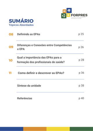 p 25
p 26
Definindo as EPAs
08
Diferenças e Conexões entre Competências
e EPA
09
Qual a importância das EPAs para a
formação dos profissionais de saúde?
Como definir e descrever as EPAs?
p 28
p 36
10
11
Síntese da unidade
Referências
p 38
p 40
SUMÁRIO
Tópicos Abordados
 