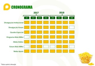 CRONOGRAMA
Divulgação Institucional
Quadro Especial
Programa Mais Milho
Mídia Online
Fóruns Mais Milho
Divulgação Fóruns
SET OUT NOV DEZ JAN FEV MAR ABR
*Datas sujeita à alteração
2017 2018
Mídia Apoio
 