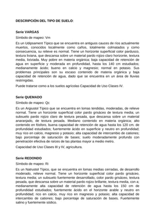DESCRIPCIÓN DEL TIPO DE SUELO:
Serie VARGAS
Símbolo de mapeo: Vm
Es un Udipsament Típico que se encuentra en antiguos cauces de ríos actualmente
muertos, conocidos localmente como caños, totalmente colmatados y como
consecuencia, su relieve es normal. Tiene un horizonte superficial color pardusco,
textura liviana, que descansa sobre un material pardo rojizo claro horizonte, textura
media, lixiviada. Muy pobre en materia orgánica; baja capacidad de retención de
agua en superficie y moderada en profundidad, hasta los 140 cm estudiados;
medianamente ácido; bueno en calcio y magnesio; normal en potasio. Sus
problemas principales son su escaso contenido de materia orgánica y baja
capacidad de retención de agua, dado que se encuentra en un área de lluvias
restringidas.
Puede tratarse como a los suelos agrícolas Capacidad de Uso Clases IV.
Serie QUEMADO
Símbolo de mapeo: Qc
Es un Argiustol Típico que se encuentra en lomas tendidas, moderadas, de relieve
normal. Tiene un horizonte superficial color pardo grisáceo de textura media; un
subsuelo pardo rojizo claro de textura pesada, que descansa sobre un material
anaranjado, de textura pesada. Mediano contenido en materia orgánica; alto
contenido en fósforo, buena capacidad de retención de agua hasta los 120 cm. de
profundidad estudiados; fuertemente ácido en superficie y neutro en profundidad;
muy rico en calcio, magnesio y potasio; alta capacidad de intercambio de cationes;
bajo porcentaje de saturación de bases; suelo moderadamente profundo con
penetración efectiva de raíces de las plantas mayor a medio metro.
Capacidad de Uso Clases III y IV, agricultura.
Serie REDONDO
Símbolo de mapeo: Ri
Es un Natrustol Típico, que se encuentra en lomas medias cerradas, de desarrollo
moderado, relieve normal. Tiene un horizonte superficial color pardo grisáceo,
textura media; un subsuelo fuertemente desarrollado, color pardo grisáceo, textura
pesada, que descansa sobre un material pardo rojizo brillante, textura media, con a;
medianamente alta capacidad de retención de agua hasta los 150 cm de
profundidad estudiados; fuertemente ácido en el horizonte arable y neutro en
profundidad; rico en calcio, muy rico en magnesio y potasio; alta capacidad de
intercambio de cationes; bajo porcentaje de saturación de bases. Fuertemente
salino y fuertemente sódico.
 