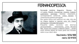 FERN
A
N
DOPESSO
A
Fernando Antônio Nogueira Pessoa foi
um poeta, filósofo, dramaturgo, ensaísta, tradutor,
publicitário, astrólogo, inventor, empresário,
correspondente comercial, crítico literário e
comentarista político português.
Das quatro obras que publicou em vida, três são
na língua inglesa e apenas uma em língua
portuguesa, intitulada Mensagem.
Enquanto poeta, escreveu sob diversas
personalidades – heterónimos, como Ricardo
Reis, Álvaro de Campos e Alberto Caeiro –, sendo
estes últimos objeto da maior parte dos estudos
sobre a sua vida e obra.
N
ascim
ento 1
3/06/1
888
m
orte30/1
1
/1
935
 