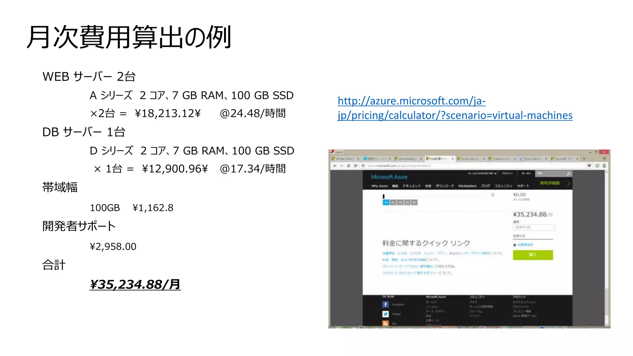 月次費用算出の例
WEB サーバー 2台
A シリーズ 2 コア、7 GB RAM、100 GB SSD
×2台 = ¥18,213.12¥ @24.48/時間
DB サーバー 1台
D シリーズ 2 コア、7 GB RAM、100 GB SSD
× 1台 = ¥12,900.96¥ @17.34/時間
帯域幅
100GB ¥1,162.8
開発者サポート
¥2,958.00
合計
¥35,234.88/月
http://azure.microsoft.com/ja-
jp/pricing/calculator/?scenario=virtual-machines
 
