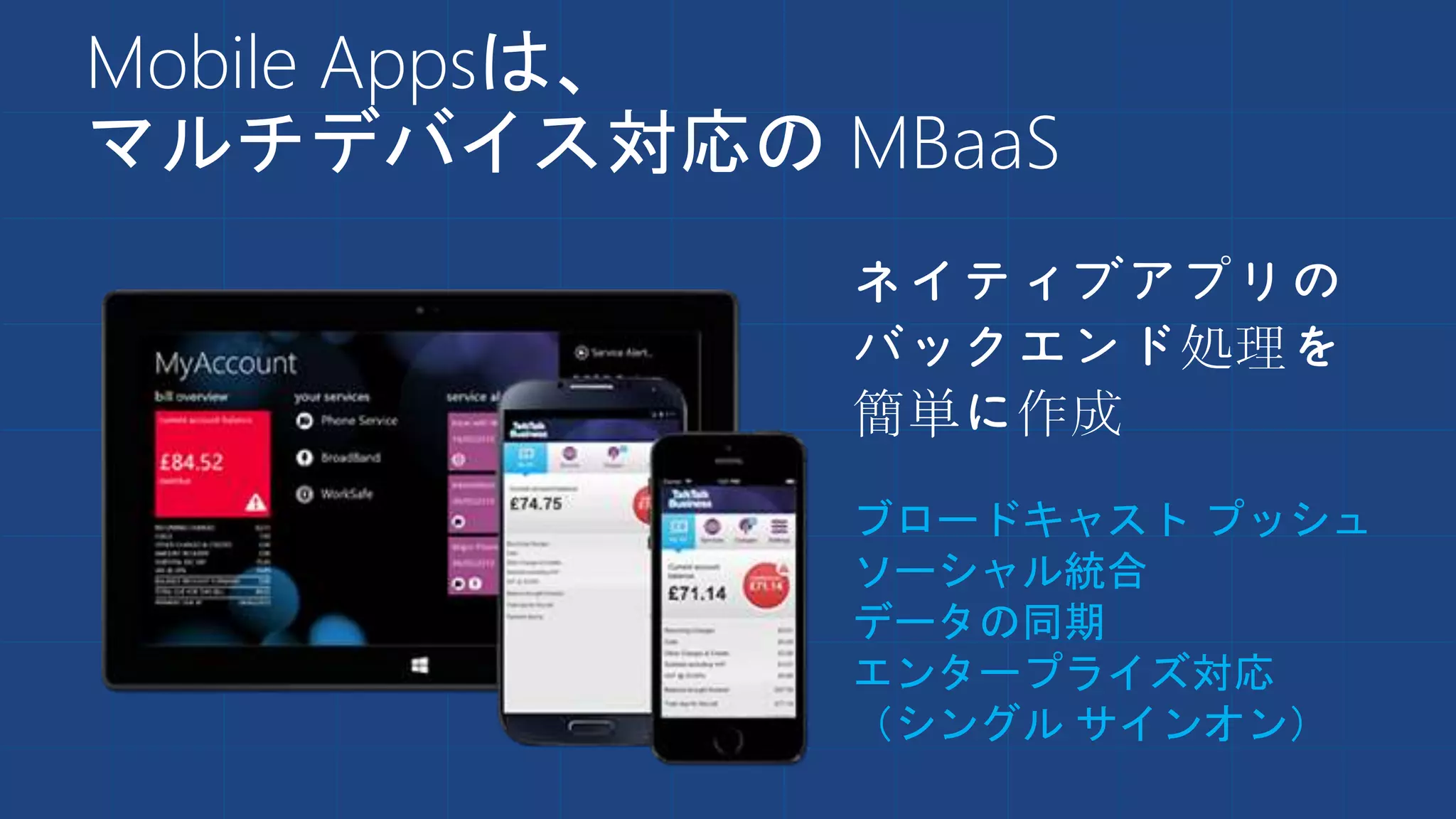 Mobile Appsは、
マルチデバイス対応の MBaaS
ネイティブアプリの
バックエンド処理を
簡単に作成
ブロードキャスト プッシュ
ソーシャル統合
データの同期
エンタープライズ対応
（シングル サインオン）
 