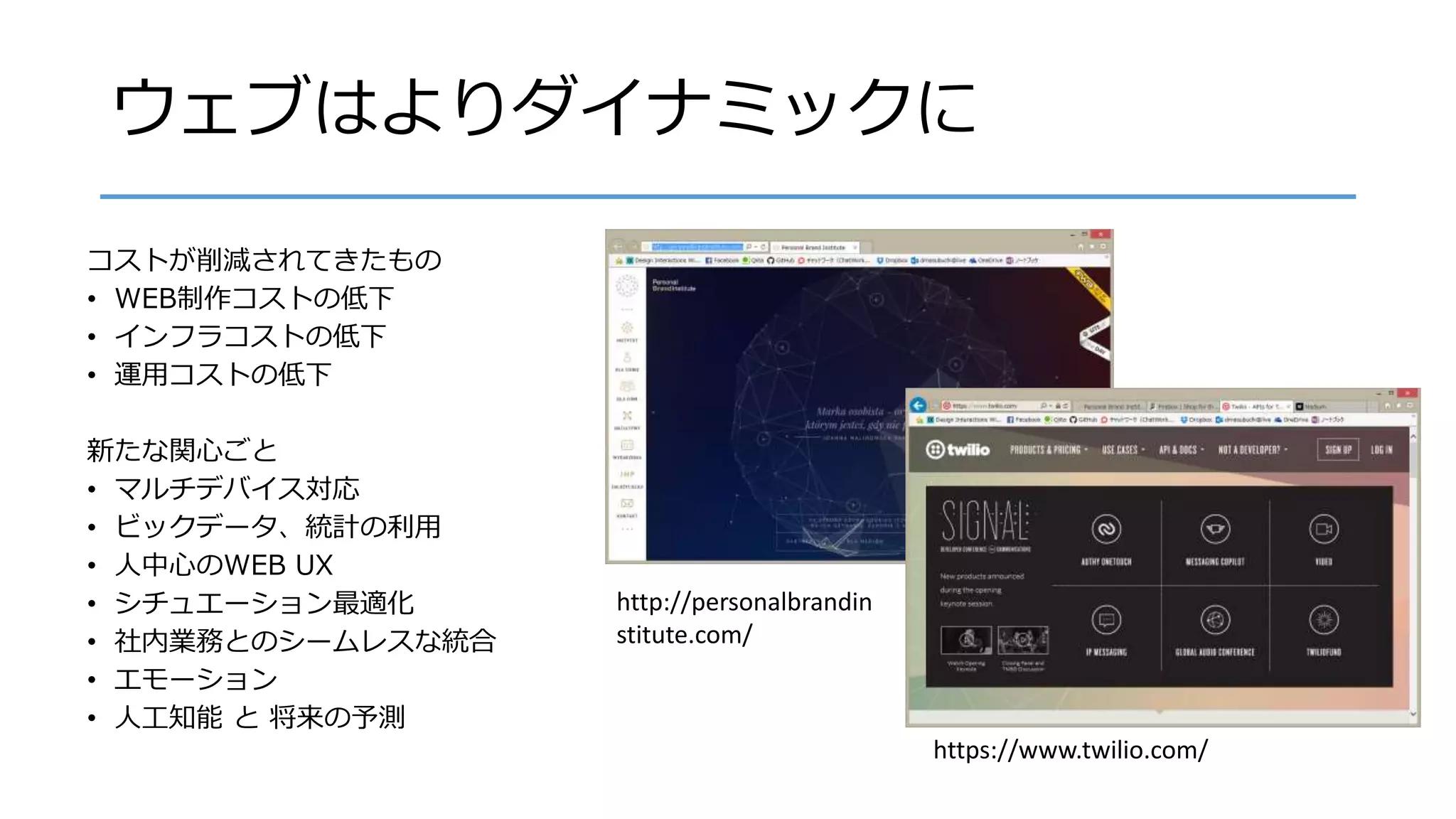 ウェブはよりダイナミックに
コストが削減されてきたもの
• WEB制作コストの低下
• インフラコストの低下
• 運用コストの低下
新たな関心ごと
• マルチデバイス対応
• ビックデータ、統計の利用
• 人中心のWEB UX
• シチュエーション最適化
• 社内業務とのシームレスな統合
• エモーション
• 人工知能 と 将来の予測
http://personalbrandin
stitute.com/
https://www.twilio.com/
 