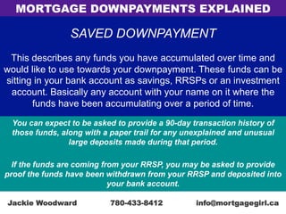 SAVED DOWNPAYMENT
This describes any funds you have accumulated over time and
would like to use towards your downpayment. These funds can be
sitting in your bank account as savings, RRSPs or an investment
account. Basically any account with your name on it where the
funds have been accumulating over a period of time.
You can expect to be asked to provide a 90-day transaction history of
those funds, along with a paper trail for any unexplained and unusual
large deposits made during that period.
If the funds are coming from your RRSP, you may be asked to provide
proof the funds have been withdrawn from your RRSP and deposited into
your bank account.
MORTGAGE DOWNPAYMENTS EXPLAINED
Jackie Woodward 780-433-8412 info@mortgagegirl.ca
 