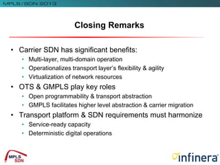 • Carrier SDN has significant benefits:
• Multi-layer, multi-domain operation
• Operationalizes transport layer’s flexibility & agility
• Virtualization of network resources
• OTS & GMPLS play key roles
• Open programmability & transport abstraction
• GMPLS facilitates higher level abstraction & carrier migration
• Transport platform & SDN requirements must harmonize
• Service-ready capacity
• Deterministic digital operations
Closing Remarks
 