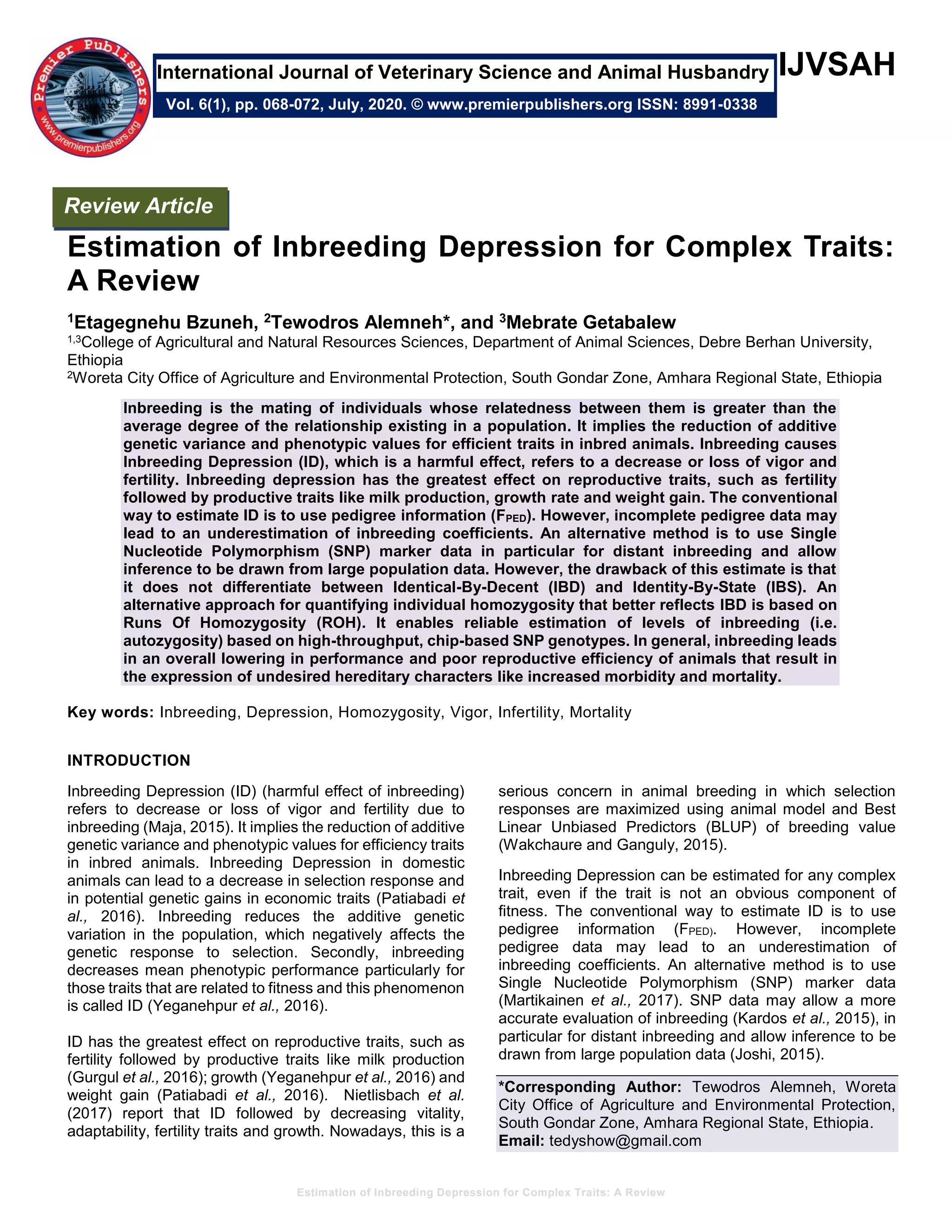 Estimation of Inbreeding Depression for Complex Traits: A Review | PDF
