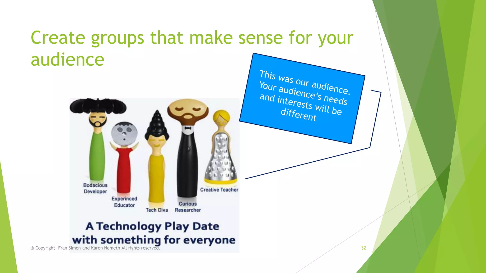 Create groups that make sense for your
audience

@ Copyright, Fran Simon and Karen Nemeth All rights reserved.

32

 