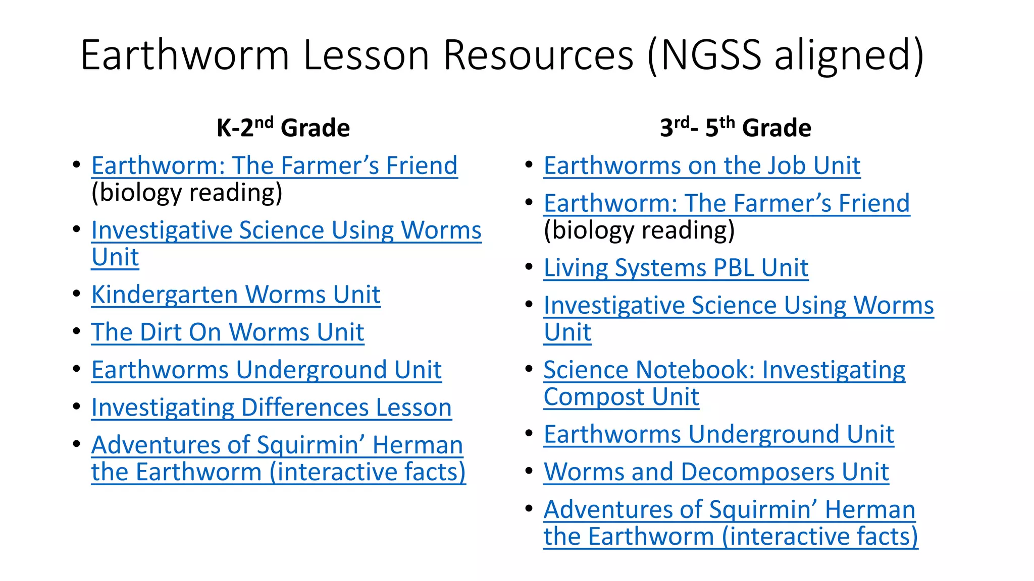 Earthworm Lesson Resources (NGSS aligned)
K-2nd Grade
• Earthworm: The Farmer’s Friend
(biology reading)
• Investigative Science Using Worms
Unit
• Kindergarten Worms Unit
• The Dirt On Worms Unit
• Earthworms Underground Unit
• Investigating Differences Lesson
• Adventures of Squirmin’ Herman
the Earthworm (interactive facts)
3rd- 5th Grade
• Earthworms on the Job Unit
• Earthworm: The Farmer’s Friend
(biology reading)
• Living Systems PBL Unit
• Investigative Science Using Worms
Unit
• Science Notebook: Investigating
Compost Unit
• Earthworms Underground Unit
• Worms and Decomposers Unit
• Adventures of Squirmin’ Herman
the Earthworm (interactive facts)