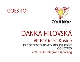 GOES TO:



     DANKA HILOVSKÁ
             VP ICX in LC Košice
     13 CONTRACTS SIGNED AND 137 POINT
                               COLLECTED
          + 22 TNs in Telegrafia is coming
 