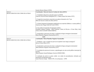 Janaína Moreno Matias (UFRN)
SALA 6
BLOCO DIDÁTICO DO CURSO DE LETRAS
Coordenador: Maria do Socorro Cardoso de Abreu (IFCE)
1. Competência discursiva colocada à prova no ENEM
Francisca Tarciclê Pontes Rodrigues(UFC) e Sâmia Araújo Dos Santos (UFC)
2. O papel dos mecanismos enunciativos no gênero dissertativo do 3º ano
Maria do Socorro Cardoso de Abreu (IFCE)
3. A leitura frequente da linguagem quadrinística nos materiais didáticos e exames públicos
Francisca das Chagas Nobre de Lima (UFRN)
4. Uma análise da aquisição da linguagem jurídica
Elisabeth Linhares Catunda , Thaís Catarinne Uchôa de Oliveira e Vivian Hiluy Lobo
Felício (FACULDADE FARIAS BRITO)
5. Atualizando os processos de ensino e avaliação da língua estrangeira instrumental
Maria Manolisa Nogueira Vasconcellos (UFC)
GT2
SALA 9
BLOCO DIDÁTICO DO CURSO DE LETRAS
Coordenador: Maria Manolisa Nogueira Vasconcellos
1. Vestibular: o que é avaliado nas provas de espanhol como língua estrangeira?
Kélvya Freitas Abreu (UFC)
2. Atualizando os processos de ensino e avaliação da língua estrangeira instrumental
Maria Manolisa Nogueira Vasconcellos (UFC)
3. A avaliação do processo de ensino e aprendizagem em uma escola pública municipal de
teresina
Maura Rejanne Amaral Rodrigues Amorim (IESM/UEME)
4. Avaliação da escrita no ensino médio: um estudo de procedimentos utilizados por
professores de diferentes perfis
Luiza Victor de Araújo – SEDUC/PE e Livia Suassuna – UFPE
 