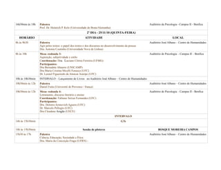 16h30min às 18h Palestra
Prof. Dr. Heinrich P. Kelz (Universidade de Bonn/Alemanha)
Auditório da Psicologia - Campus II - Benfica
2º DIA - 25/11/10 (QUINTA-FEIRA)
HORÁRIO ATIVIDADE LOCAL
8h às 9h30 Palestra
Agir pelos textos: o papel dos textos e dos discursos no desenvolvimento da pessoa
Dra. Antonia Coutinho (Universidade Nova de Lisboa)
Auditório José Albano – Centro de Humanidades
8h às 10h Mesa -redonda 3:
Aquisição, subjetividade e estilo
Coordenação: Dra. Luciane Côrrea Ferreira (UFMG)
Participantes:
Dra Bernadete Abaurre (UNICAMP)
Dra Maria Cristina Micelli Fonseca (UFC)
Dr. Leonel Figueiredo de Alencar Araripe (UFC)
Auditório de Psicologia – Campus II – Benfica
10h às 10h30min INTERVALO – Lançamento de Livros no Auditório José Albano – Centro de Humanidades
10h30min às 12h Palestra
Daniel Faita (Université de Provence / frança)
Auditório José Albano – Centro de Humanidades
10h30min às 12h Mesa- redonda 4:
Letramento, discurso literário e ensino
Coordenação: Fabiano Seixas Fernandes (UFC)
Participantes:
Dra. Dolores Aronovich Aguero (UFC)
Dr. Marcelo Pellogio (UFC)
Dra Cleudene Aragão (UECE)
Auditório de Psicologia – Campus II - Benfica
INTERVALO
14h às 15h30min GTs
14h às 15h30min Sessão de pôsteres BOSQUE MOREIRA CAMPOS
15h30 às 17h Palestra
Ciência, Educação, Sociedade e Ética
Dra. Maria da Conceição Fraga (UFRN) -
Auditório José Albano – Centro de Humanidades
 