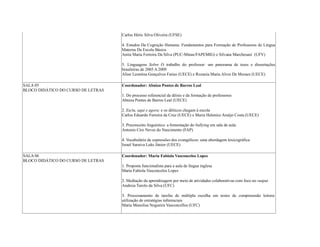 Carlos Héric Silva Oliveira (UFSE)
4. Estudos Da Cognição Humana: Fundamentos para Formação de Professores de Língua
Materna Da Escola Básica
Anita Maria Ferreira Da Silva (PUC-Minas/FAPEMIG) e Silvana Marchesani (UFV)
5. Linguagens Sobre O trabalho do professor: um panorama de teses e dissertações
brasileiras de 2005 A 2009
Aline Leontina Gonçalves Farias (UECE) e Rozania Maria Alves De Moraes (UECE)
SALA 05
BLOCO DIDÁTICO DO CURSO DE LETRAS
Coordenador: Abniza Pontes de Barros Leal
1. Do processo referencial da dêixis e da formação de professores
Abniza Pontes de Barros Leal (UECE)
2. Eu/tu, aqui e agora: e os dêiticos chegam à escola
Carlos Eduardo Ferreira da Cruz (UECE) e Maria Helenice Araújo Costa (UECE)
3. Preconceito linguístico: a fomentação do bullying em sala de aula.
Antonio Ciro Neves do Nascimento (FAP)
4. Vocabulário de expressões dos evangélicos: uma abordagem lexicográfica
Israel Saraiva Leão Júnior (UECE)
SALA 06
BLOCO DIDÁTICO DO CURSO DE LETRAS
Coordenador: Maria Fabiola Vasconcelos Lopes
1. Proposta funcionalista para a aula de língua inglesa
Maria Fabiola Vasconcelos Lopes
2. Mediação da aprendizagem por meio de atividades colaborativas com foco no output
Andreia Turolo da Silva (UFC)
3. Processamento de tarefas de múltipla escolha em testes de compreensão leitora:
utilização de estratégias inferenciais
Maria Manolisa Nogueira Vasconcellos (UFC)
 