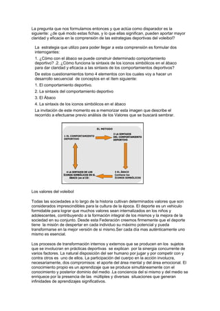 La pregunta que nos formulamos entonces y que actúa como disparador es la
siguiente: ¿de qué modo estas fichas, y lo que ellas significan, pueden aportar mayor
claridad y eficacia en la comprensión de las estrategias deportivas del voleibol?

 La estrategia que utilizo para poder llegar a esta comprensión es formular dos
 interrogantes:
 1. ¿Cómo con el ábaco se puede construir determinado comportamiento
 deportivo? .2. ¿Cómo funciona la sintaxis de los iconos simbólicos en el ábaco
 para dar claridad y eficacia a las sintaxis de los comportamientos deportivos?
 De estos cuestionamientos tomo 4 elementos con los cuales voy a hacer un
 desarrollo secuencial de conceptos en el ítem siguiente:
 1. El comportamiento deportivo.
 2. La sintaxis del comportamiento deportivo
 3. El Ábaco
 4. La sintaxis de los iconos simbólicos en el ábaco
 La invitación de este momento es a memorizar esta imagen que describe el
 recorrido a efectuarse previo análisis de los Valores que se buscará sembrar.




Los valores del voleibol

Todas las sociedades a lo largo de la historia cultivan determinados valores que son
considerados imprescindibles para la cultura de la época. El deporte es un vehiculo
formidable para lograr que muchos valores sean internalizados en los niños y
adolescentes, contribuyendo a la formación integral de los mismos y la mejora de la
sociedad en su conjunto. Desde esta Federación creemos firmemente que el deporte
tiene la misión de despertar en cada individuo su máximo potencial y pueda
transformarse en la mejor versión de si mismo.Ser cada día mas auténticamente uno
mismo es esencial.

Los procesos de transformación internos y externos que se producen en los sujetos
que se involucran en prácticas deportivas se explican por la sinergia concurrente de
varios factores. La natural disposición del ser humano por jugar y por competir con y
contra otros es uno de ellos. La participación del cuerpo en la acción involucra,
necesariamente, dos compromisos: el aporte del área mental y del área emocional. El
conocimiento propio es un aprendizaje que se produce simultáneamente con el
conocimiento y posterior dominio del medio .La conciencia del si mismo y del medio se
enriquece por la presencia de las múltiples y diversas situaciones que generan
infinidades de aprendizajes significativos.
 