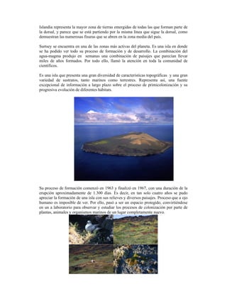 Islandia representa la mayor zona de tierras emergidas de todas las que forman parte de
la dorsal, y parece que se está partiendo por la misma línea que sigue la dorsal, como
demuestran las numerosas fisuras que se abren en la zona media del país.

Surtsey se encuentra en una de las zonas más activas del planeta. Es una isla en donde
se ha podido ver todo su proceso de formación y de desarrollo. La combinación del
agua-magma produjo en semanas una combinación de paisajes que parecían llevar
miles de años formados. Por todo ello, llamó la atención en toda la comunidad de
científicos.

Es una isla que presenta una gran diversidad de características topográficas y una gran
variedad de sustratos, tanto marinos como terrestres. Representa así, una fuente
excepcional de información a largo plazo sobre el proceso de primicolonización y su
progresiva evolución de diferentes hábitats.




Su proceso de formación comenzó en 1963 y finalizó en 1967, con una duración de la
erupción aproximadamente de 1.300 días. Es decir, en tan solo cuatro años se pudo
apreciar la formación de una isla con sus relieves y diversos paisajes. Proceso que a ojo
humano es imposible de ver. Por ello, pasó a ser un espacio protegido, convirtiéndose
en un a laboratorio para observar y estudiar los procesos de colonización por parte de
plantas, animales y organismos marinos de un lugar completamente nuevo.
 