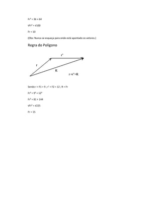 Fr² = 36 + 64

√Fr² = √100

Fr = 10

(Obs: Nunca se esqueça para onde está apontado os vetores.)

Regra do Polígono




Sendo r = F1 = 9 ; r’ = F2 = 12 ; R = Fr

Fr² = 9² + 12²

Fr² = 81 + 144

√Fr² = √225

Fr = 15
 