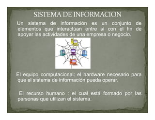 Un sistema de información es un conjunto de
elementos que interactúan entre sí con el fin de
apoyar las actividades de una empresa o negocio.




El equipo computacional: el hardware necesario para
que el sistema de información pueda operar.

 El recurso humano : el cual está formado por las
personas que utilizan el sistema.
 