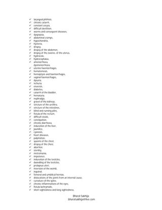    laryngeal phthisis,
   chronic catarrh,
   constant coryza,
   difficult dentition,
   worms and consequent diseases,
   dyspepsia,
   abdominal cramps,
   hypochondria,
   hysteria,
   dropsy,
   dropsy of the abdomen,
   dropsy of the ovaries, of the uterus,
   hydrocele,
   hydrocephalus,
   amenorrhoea,
    dysmenorrhoea,
   uterine haemorrhages,
   hematemesis,
   hemoptysis and haemorrhages,
   vaginal haemorrhages,
   dysuria,
   ischuria,
   enuresis,
   diabetes,
   catarrh of the bladder,
   hematuria,
   nephralgia,
   gravel of the kidneys,
   stricture of the urethra,
   stricture of the intestines,
   blind and running piles,
   fistula of the rectum,
   difficult stools,
   constipation,
   chronic diarrhoea,
   induration of the liver,
   jaundice,
   cyanosis,
   heart diseases,
   palpitation,
   spasms of the chest,
   dropsy of the chest,
   abortion,
   sterility,
   metromania,
   impotence,
   induration of the testicles,
   dwindling of the testicles,
   prolapsus uteri,
   inversion of the womb,
   inguinal,
   femoral and umbilical hernias,
   dislocations of the joints from an internal cause,
   curvature of the spine,
   chronic inflammations of the eyes,
   fistula lachrymalis,
   short-sightedness and long-sightedness,

                                           Bharat Sakhija
                                       bharatsakhija@live.com
 