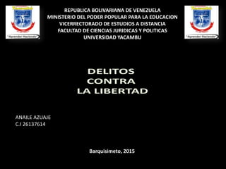 REPUBLICA BOLIVARIANA DE VENEZUELA
MINISTERIO DEL PODER POPULAR PARA LA EDUCACION
VICERRECTORADO DE ESTUDIOS A DISTANCIA
FACULTAD DE CIENCIAS JURIDICAS Y POLITICAS
UNIVERSIDAD YACAMBU
ANAILE AZUAJE
C.I 26137614
Barquisimeto, 2015
 