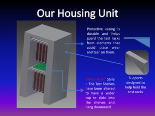 Protective casing is
durable and helps
guard the test racks
from elements that
could place wear
and tear on them.




“Wine Rack” Style        Supports
– The Test Shelves      designed to
have been altered      help hold the
to have a wider          test racks
top to slide into
the shelves and
hang downward.
 