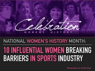 10 INFLUENTIAL WOMEN BREAKING
BARRIERS IN SPORTS INDUSTRY
NATIONAL WOMEN’S HISTORY MONTH:
Presentation by Carole Argo
 