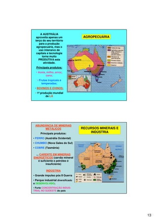 13
A AUSTRÁLIA
aproveita apenas um
terço do seu território
para a produção
agropecuária, mas o
uso intensivo de
capitais e tecnologia
torna muito
PRODUTIVA esta
atividade.
Principais produtos:
• Aveia, milho, arroz,
cana;
• Frutas tropicais e
temperadas;
• BOVINOS E OVINOS;
• 1ª produção mundial
de LÃ
AGROPECUÁRIA
ABUNDÂNCIA DE MINERAIS
METÁLICOS
Principais produtos:
• FERRO (Austrália Ocidental)
• CHUMBO (Nova Gales do Sul)
• COBRE (Tasmânia)
... CARENTE EM MINERIAS
ENERGÉTICOS (carvão mineral
é suficiente e petróleo é
insuficiente)
INDÚSTRIA
• Grande impulso pós II Guerra
• Parque industrial diversificado
e DESENVOLVIDO;
• Forte CONCENTRAÇÃO INDUS-
TRIAL NO SUDESTE do país
RECURSOS MINERAIS E
INDÚSTRIA
 