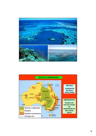 6
RELEVO E HIDROGRAFIA
RELEVO
• predomínio
de relevo
muito antigo
HIDROGRAFIA
É pobre em
rios em função
da
predominância
dos climas
secos
 