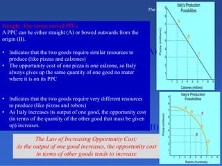 Straight –line versus curved PPCs
A PPC can be either straight (A) or bowed outwards from the
origin (B).
A straight line PPC
• Indicates that the two goods require similar resources to
produce (like pizzas and calzones)
• The opportunity cost of one pizza is one calzone, so Italy
always gives up the same quantity of one good no mater
where it is on its PPC
A bowed out PPC
• Indicates that the two goods require very different resources
to produce (like pizzas and robots)
• As Italy increases its output of one good, the opportunity cost
(in terms of the quantity of the other good that must be given
up) increases.
(A)
(B)
The Law of Increasing Opportunity Cost:
As the output of one good increases, the opportunity cost
in terms of other goods tends to increase
The PPC
 