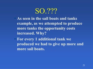 SO.???SO.???
 As seen in the sail boats and tanks
example, as we attempted to produce
more tanks the opportunity costs
increased. Why?
 For every 1 additional tank we
produced we had to give up more and
more sail boats.
21
 