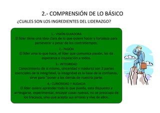 2.- COMPRENSIÓN DE LO BÁSICO
 ¿CUALES SON LOS INGREDIENTES DEL LIDERAZGO?

                        1.- VISIÓN GUIADORA
El líder tiene una idea clara de lo que quiere hacer y fortaleza para
              perseverar a pesar de los contratiempos.
                             2.- PASIÓN
   El líder ama lo que hace, el líder que comunica pasión, les da
                  esperanza e inspiración a todos.
                           3.- INTEGRIDAD
  Conocimiento de sí mismo, sinceridad y madurez son 3 partes
esenciales de la integridad, la integridad es la base de la confianza,
         sirve para “poner a los demás de nuestra parte.
                      4.- CURIOSIDAD Y AUDACIA
    El líder quiere aprender todo lo que pueda, esta dispuesto a
arriesgarse, experimentar, ensayar cosas nuevas, no se preocupa de
       los fracasos, sino que acepta sus errores y vive de ellos.
 