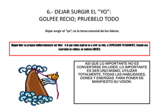 6.- DEJAR SURGIR EL “YO”:
                          GOLPEE RECIO; PRUEBELO TODO
                                Dejar surgir el “yo”, es la terea esencial de los líderes



Ningún líder se propuso deliberadamente ser líder. A lo que todos aspiran es a vivir su vida, a EXPRESARSE PLENAMENTE. Cuando esa
                                             expresión es valiosa, se vuelven LIDERES.



                                                                 ASI QUE LO IMPORTANTE NO ES
                                                             CONVERTIRSE EN LIDER, LO IMPORTANTE
                                                                  ES SER UNO MISMO, UTILIZAR
                                                              TOTALMENTE, TODAS LAS HABILIDADES,
                                                               DONES Y ENERGÍAS PARA PONER DE
                                                                     MANIFIESTO SU VISIÓN.
 
