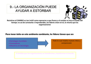 9.-
    9.- LA ORGANIZACIÓN PUEDE
         AYUDAR A ESTORBAR

 Resistirse al CAMBIO es tan inútil como oponerse a que llueva y el cambio es hoy el estado del
      tiempo: es así de constante e impredecible, los líderes viven en él, lo mismo que las
                                         organizaciones



Para tener éxito en este ambiente cambiante, los líderes tienen que ser:


    Estrategas mundiales                                  Todo lo cual implica nuevos retos y
    Innovadores                                                      comprensión
    Maestros en tecnología


            A medida que las organizaciones se transforman, transforman al mundo.
 