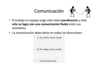 Comunicación
• El trabajo en equipo exige ante todo coordinación y esto
  sólo se logra con una comunicación fluida entre sus
  miembros.
• La comunicación debe darse en todas las direcciones:
 