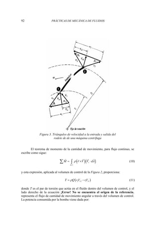 92 PRÁCTICAS DE MECÁNICA DE FLUIDOS
Figura 3. Triángulos de velocidad a la entrada y salida del
rodete de de una máquina centrífuga
El teorema de momento de la cantidad de movimiento, para flujo continuo, se
escribe como sigue:
( )( )
. .
r
S C
M r V V dA
ρ
= × ⋅
∑ ∫
G
G G G
G
(10)
y esta expresión, aplicada al volumen de control de la Figura 2, proporciona:
( )
2 2 1 1
t t
T Q r V rV
ρ
= − (11)
donde T es el par de torsión que actúa en el fluido dentro del volumen de control, y el
lado derecho de la ecuación ¡Error! No se encuentra el origen de la referencia.
representa el flujo de cantidad de movimiento angular a través del volumen de control.
La potencia consumida por la bomba viene dada por:
 