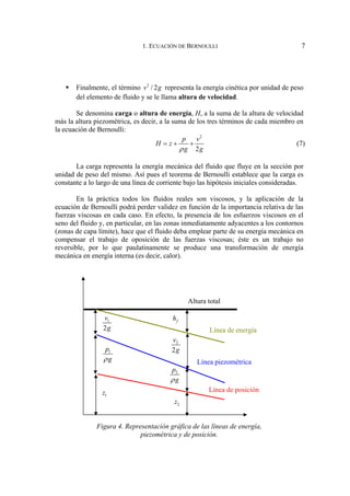 1. ECUACIÓN DE BERNOULLI 7
ƒ Finalmente, el término 2
/ 2
v g representa la energía cinética por unidad de peso
del elemento de fluido y se le llama altura de velocidad.
Se denomina carga o altura de energía, H, a la suma de la altura de velocidad
más la altura piezométrica, es decir, a la suma de los tres términos de cada miembro en
la ecuación de Bernoulli:
2
2
p v
H z
g g
ρ
= + + (7)
La carga representa la energía mecánica del fluido que fluye en la sección por
unidad de peso del mismo. Así pues el teorema de Bernoulli establece que la carga es
constante a lo largo de una línea de corriente bajo las hipótesis iniciales consideradas.
En la práctica todos los fluidos reales son viscosos, y la aplicación de la
ecuación de Bernoulli podrá perder validez en función de la importancia relativa de las
fuerzas viscosas en cada caso. En efecto, la presencia de los esfuerzos viscosos en el
seno del fluido y, en particular, en las zonas inmediatamente adyacentes a los contornos
(zonas de capa límite), hace que el fluido deba emplear parte de su energía mecánica en
compensar el trabajo de oposición de las fuerzas viscosas; éste es un trabajo no
reversible, por lo que paulatinamente se produce una transformación de energía
mecánica en energía interna (es decir, calor).
Figura 4. Representación gráfica de las líneas de energía,
piezométrica y de posición.
1
z
2
z
1
p
g
ρ
2
p
g
ρ
1
2
v
g
2
2
v
g
f
h
Altura total
Línea de energía
Línea piezométrica
Línea de posición
 