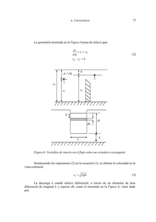 6. VERTEDEROS 77
La geometría mostrada en la Figura 6 pone de relieve que:
1
1 0
0 2
p
z z
g
z z h
ρ
+ =
− =
(2)
Figura 6. Variables de interés en el flujo sobre un vertedero rectangular.
Sustituyendo las expresiones (2) en la ecuación (1), se obtiene la velocidad en la
vena contracta:
2 2
v gh
= (3)
La descarga o caudal teórico diferencial, a través de un elemento de área
diferencial de longitud L y espesor dh, como el mostrado en la Figura 6, viene dada
por:
H
h
dh
L Y
z0
z1
z2
1 /
p g
ρ h
2
1
 