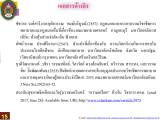 E-mail: luckwirun.ch@ssru.ac.th, euarree.sa@ssru.ac.th, chutchavarn.wo@ssru.ac.th
!
ชัชวาล วงค์สารี,และอุทัยวรรณ พงษ์บริบูรณ์.(2557). กฎหมายและจรรยาบรรณวิชาชีพการ
พยาบาลและกฎหมายอื่นที่เกี่ยวข้อง.คณะพยาบาลศาสตร์ กาญจนบุรี มหาวิทยาลัยเวส
เทิร์น: ห้างหุ้นส่วนจำกัด เอ็น พี เพรส.
ทัศน์วรรณ ปานศิริอาษา.(2547). ตัวแปรที่เกี่ยวข้องกับ ความวิตกกังวลในการสอบใบ
ประกอบโรคศิลป์ของ นักศึกษาพยาบาล มหาวิทยาลัยคริสเตียน จังหวัด นครปฐม.
(วิทยานิพนธ์) กรุงเทพฯ; มหาวิทยาลัย ศรีนครินทรวิโรฒ.
ยุวดีวัฒนานนท์ ,วชิรา วรรณสถิตย์, วิลาวัลย์ ดวงล้อมจันทร์, ฉวีวรรณ สาระคง, และวรรณ
ทิน ยิ่งพัฒนพันธ.(2553).ปัจจัยทำนายผลการสอบใบอนุญาตประกอบวิชาชีพการพยาบาล
และการผดุงครรภ์ของผู้สอบ.ประจำปีพ.ศ. 2553 คณะพยาบาลศาสตร์มหาวิทยาลัยมหิดล.
J Nurs Sci,29(2):65-72.
สถาบันสุขภาพจิตเด็กและวัยรุ่นราชนครินทร์. “ความเครียด” อ้างใน วิชาการ.คอม. [cited
2017, June 28]: Available from: URL:http://www.vcharkam.com/varticle/3975
เอกสารอ้างอิง
15
 