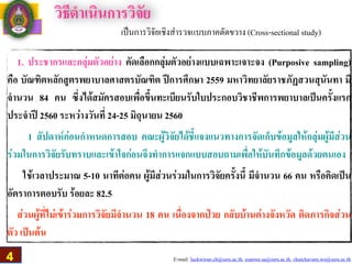 วิธีดำเนินการวิจัย
เป็นการวิจัยเชิงสำรวจแบบภาคตัดขวาง (Cross-sectional study)
1. ประชากรและกลุ่มตัวอย่าง คัดเลือกกลุ่มตัวอย่างแบบเฉพาะเจาะจง (Purposive sampling)
คือ บัณฑิตหลักสูตรพยาบาลศาสตรบัณฑิต ปีการศึกษา 2559 มหาวิทยาลัยราชภัฏสวนสุนันทา มี
จำนวน 84 คน ซึ่งได้สมัครสอบเพื่อขึ้นทะเบียนรับใบประกอบวิชาชีพการพยาบาลเป็นครั้งแรก
ประจำปี 2560 ระหว่างวันที่ 24-25 มิถุนายน 2560
1 สัปดาห์ก่อนกำหนดการสอบ คณะผู้วิจัยได้ชี้แจงแนวทางการจัดเก็บข้อมูลให้กลุ่มผู้มีส่วน
ร่วมในการวิจัยรับทราบและเข้าใจก่อนจึงทำการแจกแบบสอบถามเพื่อให้บันทึกข้อมูลด้วยตนเอง
ใช้เวลาประมาณ 5-10 นาทีต่อคน ผู้มีส่วนร่วมในการวิจัยครั้งนี้ มีจำนวน 66 คน หรือคิดเป็น
อัตราการตอบรับ ร้อยละ 82.5
ส่วนผู้ที่ไม่เข้าร่วมการวิจัยมีจำนวน 18 คน เนื่องจากป่วย กลับบ้านต่างจังหวัด ติดภารกิจส่วน
ตัว เป็นต้น
E-mail: luckwirun.ch@ssru.ac.th, euarree.sa@ssru.ac.th, chutchavarn.wo@ssru.ac.th4
 