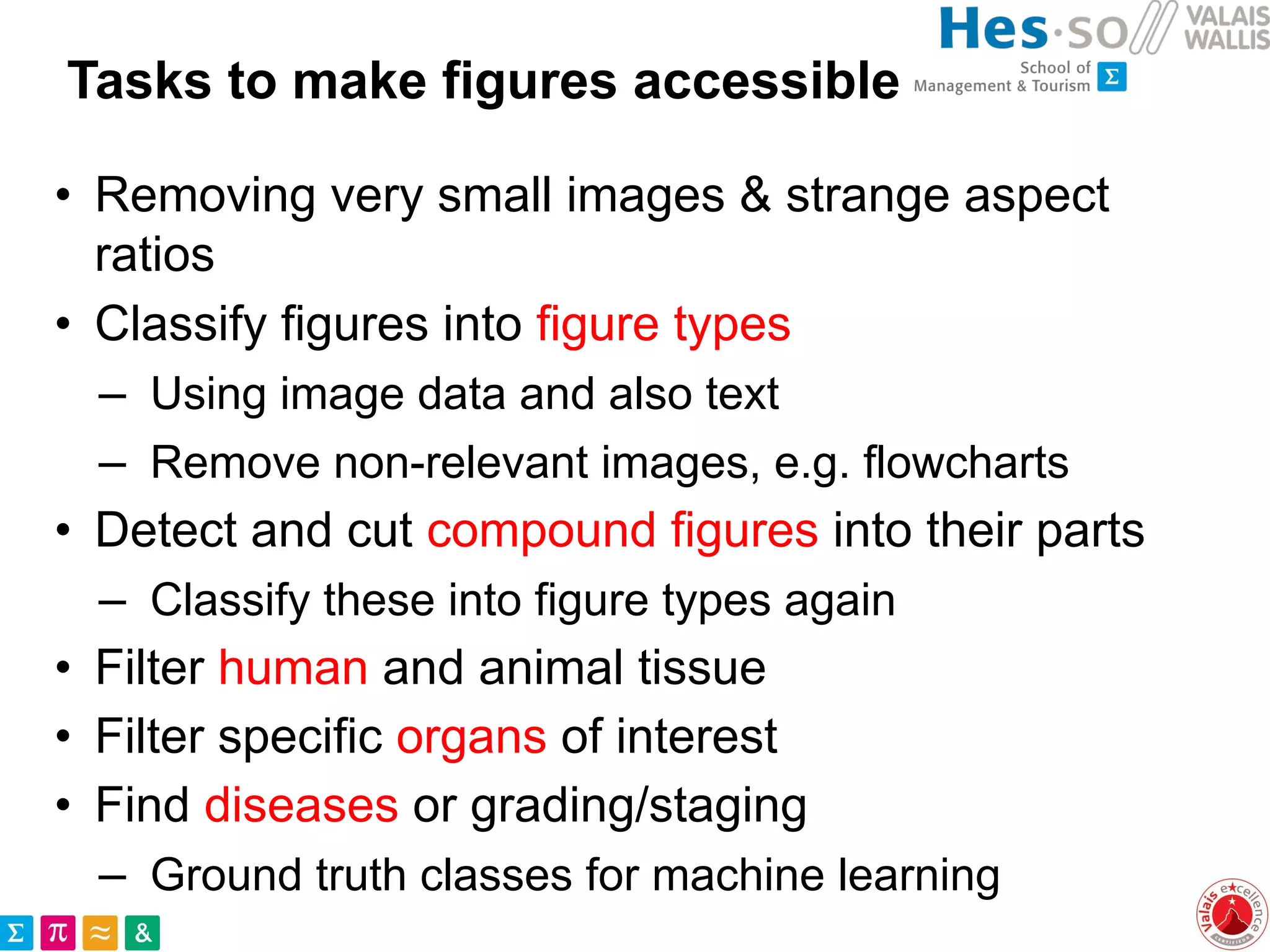 Tasks to make figures accessible
• Removing very small images & strange aspect
ratios
• Classify figures into figure types
– Using image data and also text
– Remove non-relevant images, e.g. flowcharts
• Detect and cut compound figures into their parts
– Classify these into figure types again
• Filter human and animal tissue
• Filter specific organs of interest
• Find diseases or grading/staging
– Ground truth classes for machine learning
 