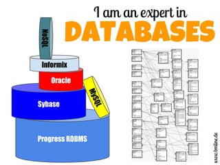 I am an expert in
DATABASES
Progress RDBMS
Sybase
Oracle
Informix
NoSQL
MySQL
www.bmline.de
 