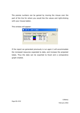 The precise numbers can be gained by moving the mouse over the
part of the line for where you would like the values and right-clicking
with your mouse button.


This window will appear:




If the report we generated previously is run again it will accommodate
the increased resources expended to date, and increase the projected
totals. Thus the data can be exported to Excel and a comparative
graph created.




                                                               A.Blakey
Page 80 of 82
                                                          February 2002
 