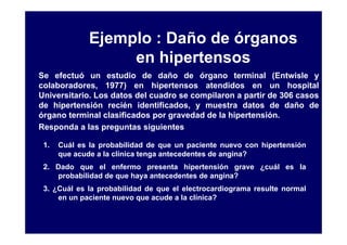 Ejemplo : Daño de órganos
                   en hipertensos
Se efectuó un estudio de daño de órgano terminal (Entwisle y
colaboradores, 1977) en hipertensos atendidos en un hospital
Universitario. Los datos del cuadro se compilaron a partir de 306 casos
de hipertensión recién identificados, y muestra datos de daño de
órgano terminal clasificados por gravedad de la hipertensión.
Responda a las preguntas siguientes

 1.   Cuál es la probabilidad de que un paciente nuevo con hipertensión
      que acude a la clínica tenga antecedentes de angina?
 2. Dado que el enfermo presenta hipertensión grave ¿cuál es la
    probabilidad de que haya antecedentes de angina?
 3. ¿Cuál es la probabilidad de que el electrocardiograma resulte normal
     en un paciente nuevo que acude a la clínica?
 