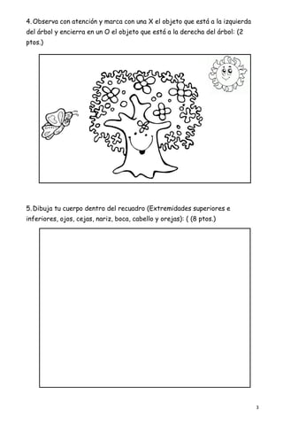 3
4. Observa con atención y marca con una X el objeto que está a la izquierda
del árbol y encierra en un O el objeto que está a la derecha del árbol: (2
ptos.)
5. Dibuja tu cuerpo dentro del recuadro (Extremidades superiores e
inferiores, ojos, cejas, nariz, boca, cabello y orejas): ( (8 ptos.)
 