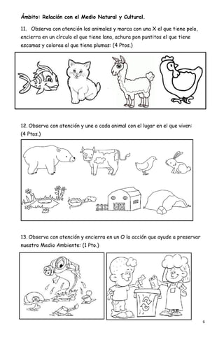 6
Ámbito: Relación con el Medio Natural y Cultural.
11. Observa con atención los animales y marca con una X el que tiene pelo,
encierra en un círculo el que tiene lana, achura pon puntitos el que tiene
escamas y colorea al que tiene plumas: (4 Ptos.)
12. Observa con atención y une a cada animal con el lugar en el que viven:
(4 Ptos.)
13. Observa con atención y encierra en un O la acción que ayude a preservar
nuestro Medio Ambiente: (1 Pto.)
 