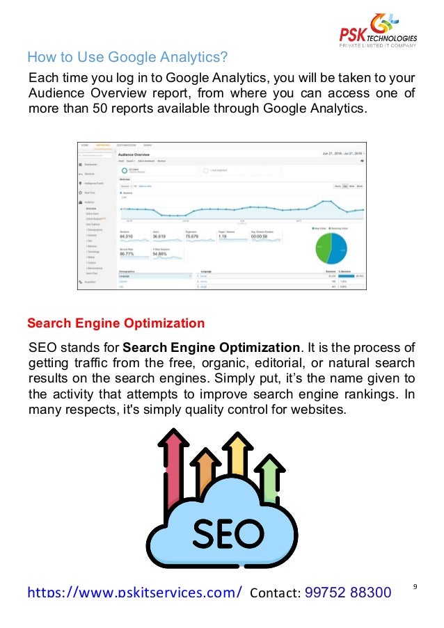 https://www.pskitservices.com/		Contact:	99752 88300
	
9	
How to Use Google Analytics?
Each time you log in to Google Analytics, you will be taken to your
Audience Overview report, from where you can access one of
more than 50 reports available through Google Analytics.
Search Engine Optimization
SEO stands for Search Engine Optimization. It is the process of
getting traffic from the free, organic, editorial, or natural search
results on the search engines. Simply put, it’s the name given to
the activity that attempts to improve search engine rankings. In
many respects, it's simply quality control for websites.
	
 