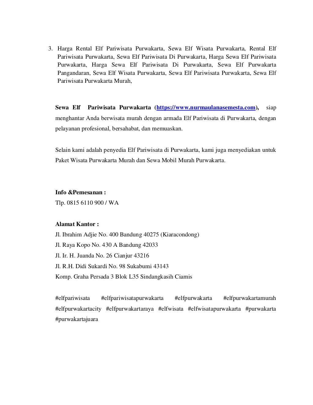 Tlp. 0815-6110-900 / WA, Sewa Elf Pariwisata Purwakarta Murah