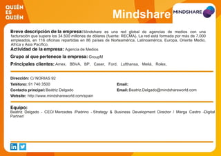 Mindshare
Mindshare es una red global de agencias de medios con una
facturación que supera los 34.500 millones de dólares (fuente: RECMA). La red está formada por más de 7.000
empleados, en 116 oficinas repartidas en 86 países de Norteamérica, Latinoamérica, Europa, Oriente Medio,
Africa y Asia Pacífico.
Agencia de Medios
GroupM
Amex, BBVA, BP, Caser, Ford, Lufthansa, Meliá, Rolex,
Unilever, Universal Pictures,
C/ NORIAS 92
91 740 3500
Beatriz Delgado Beatriz.Delgado@mindshareworld.com
http://www.mindshareworld.com/spain
Beatriz Delgado - CEO/ Mercedes /Padrino - Strategy & Business Development Director / Marga Castro -Digital
Partner/
 