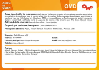 OMD
OMD es una de las más grandes e innovadores agencias especialista
en marketing de medios en todo el mundo, al servicio de muchas de las marcas más exitosas y reconocidas, a
través de más de 140 oficinas en 80 países. OMD es reconocida por su fuerte presencia global, integración
digital y creatividad, calificada como la Agencia de Medios más Creativa por The Gunn Report, récord
mantenido durante siete años consecutivos.Agencia de medios y comunicación
OmnicomMediaGroup
Apple, Nissan-Renault, Vodafone, McDonald's, Pepsico, 20th
Century Fox, Playstation, Leroy Merlin, Estèe Lauder
Companies, Sony Pictures Releasing
Calle Mesena nº22
917890000
Rosa Burgos Rodriguez rosa.burgos@omd.com
www.omd.com
Alfredo Clement Catalá - CEO & President / Joan Jordi Vallverdú Solanas - Director General OmnicomMediaGroup
/ Marta Sáez Achaerandio - Directora General OMD Madrid / Gonzalo Pulito - Director General OMD Barcelona / Jose
Luis Arroyo - Director General de Compra/
 